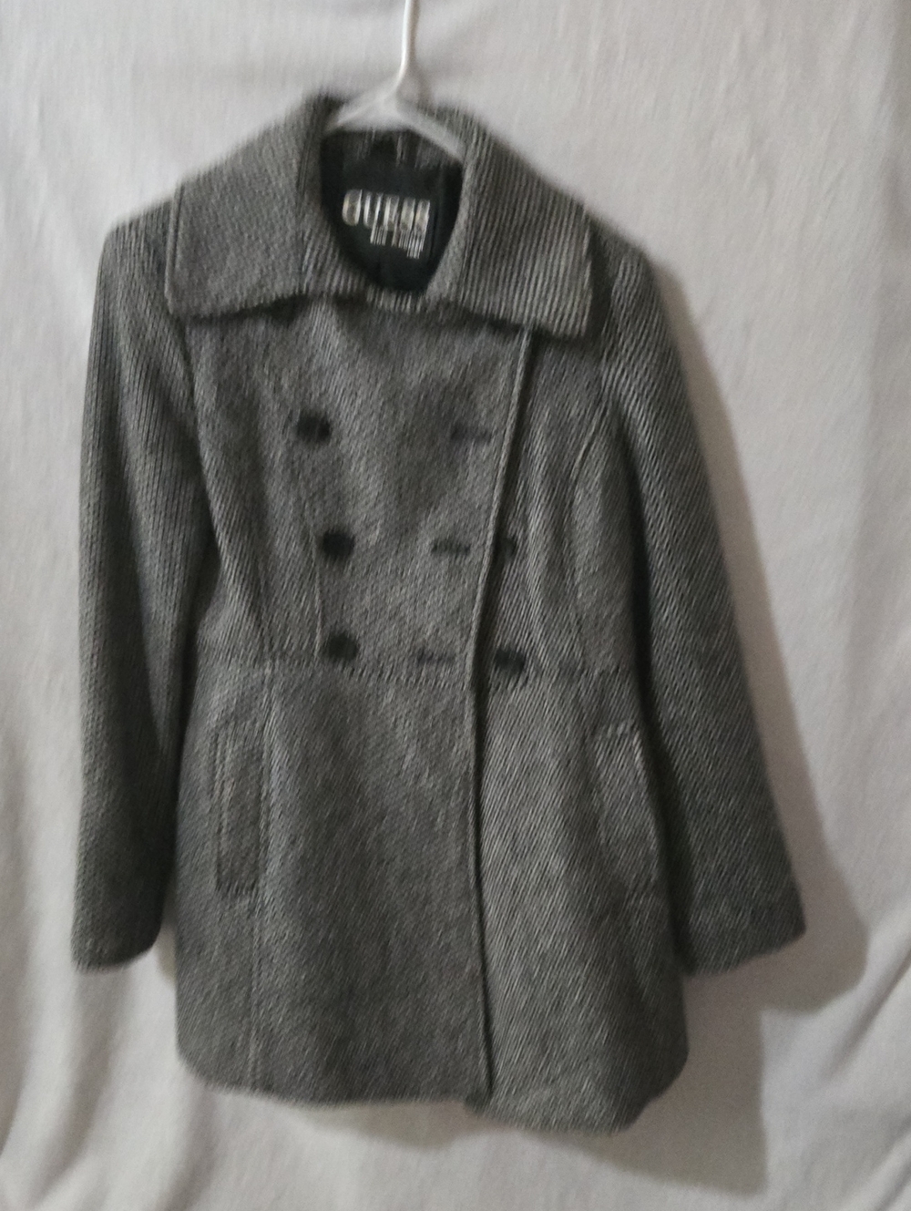 Guess Charcoal Herringbone Double-Breasted Peacoat